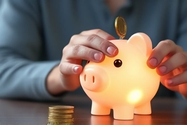 Hands saving coins into a glowing digital piggy bank for future wealth