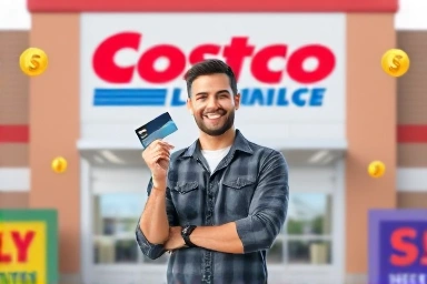Person holding Costco Hyundai card with savings symbols