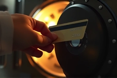 Hand securing credit card in a financial vault.