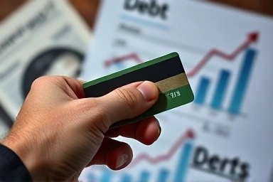 Person anxious about credit card debt, financial documents.