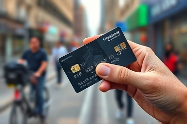 Hand holding damaged credit card, urgent financial concept.