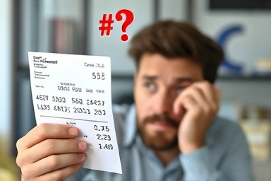 Confused person with credit card statement, financial worry.