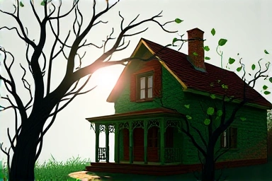 Hopeful financial recovery, house and sunlight breaking through darkness