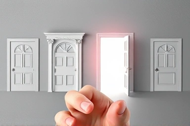Financial options, hand reaching for doors, loan opportunity metaphor
