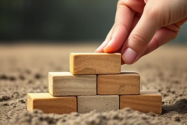Hand building a strong financial foundation with blocks.