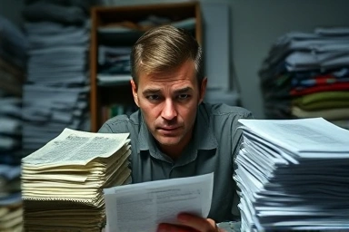 Stressed person overwhelmed by debt and bills.