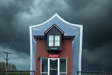Business protected by insurance shield from disaster.