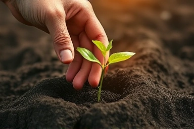 Hand planting a glowing sapling, symbolizing future investment potential.