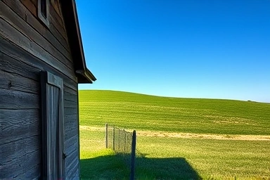Peaceful farmhouse with green fields under a blue sky