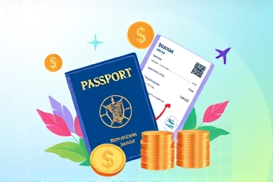 Passport and boarding pass with financial savings symbols.