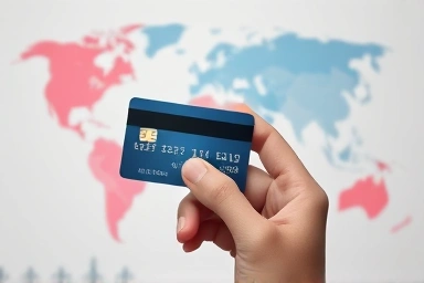 Hand holding credit card with travel background.