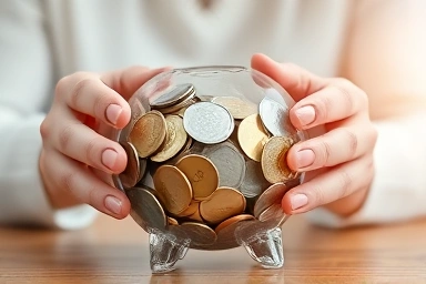 Hands saving diverse global coins in a transparent piggy bank.