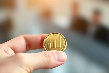 Hand holding coin with stock graph, symbolizing small investment growth.
