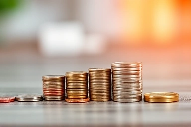 Small coins in a row, symbolizing portfolio diversification and growth.