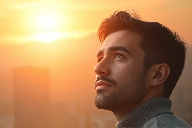 Hopeful person looking towards a bright future with financial symbols.