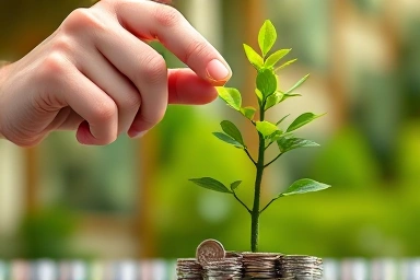 Hand saving coins into a money tree for financial growth.