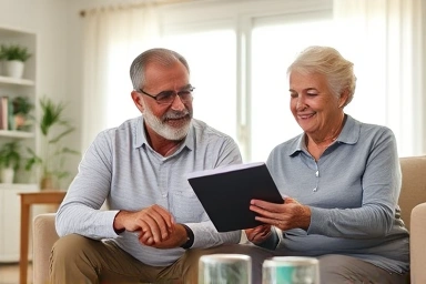 Elderly couple managing finances happily in retirement.