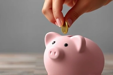 Hand adding coin to piggy bank, symbolizing savings growth.