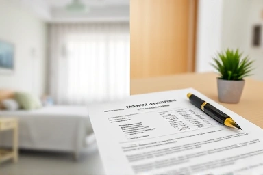 Private hospital room and medical insurance policy document.