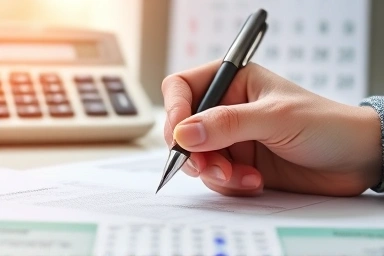 Hand signing insurance claim document, pen, calculator, calendar