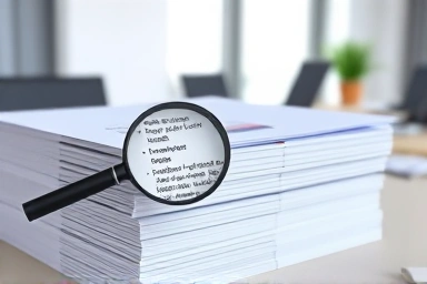 Insurance documents, magnifying glass, organized paperwork, desk