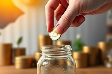 Hand placing coin into jar, symbolizing investment and savings.