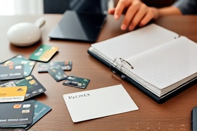Financial advisor's desk with credit cards and empty slot.