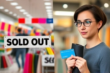 Shopping scene with 'Sold Out' sign vs. person comparing cards.