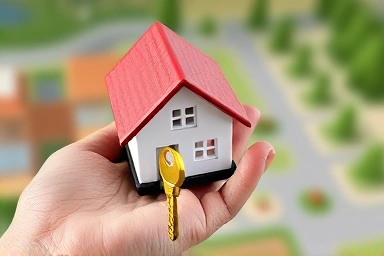 Close-up of hand holding land model with key, symbolizing financial access.