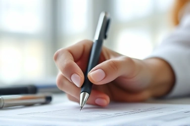 Hand signing a document with a positive financial trend graph.