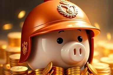 Military helmet piggy bank, overflowing coins, financial abundance