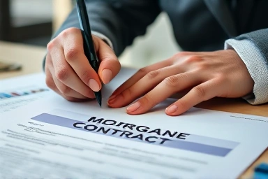 Hands reviewing financial documents and mortgage contract.