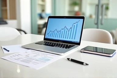 Financial documents on a desk with laptop.
