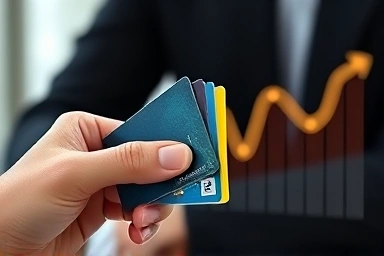 Hand holding credit cards with positive credit score graph.