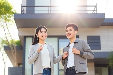 Happy newlywed couple receiving keys to their new home.