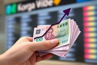 Korean Won banknotes with savings arrow graphic overlay