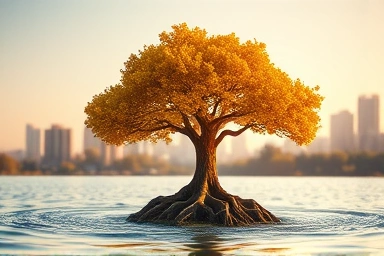 Stable asset growth symbolized by a golden-leaved tree in a financial landscape.