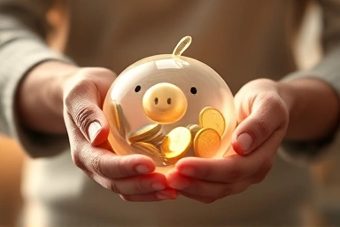 Family hands holding a glowing piggy bank, symbolizing financial trust.