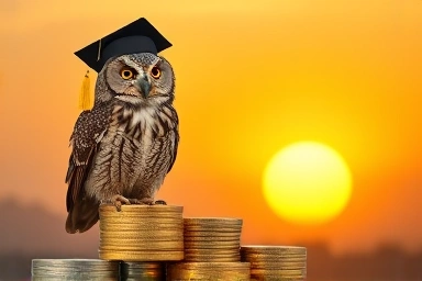Wise owl on gold coins symbolizing financial growth.