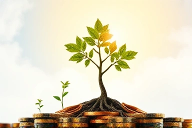 Seedling growing into a tree with roots of coins.