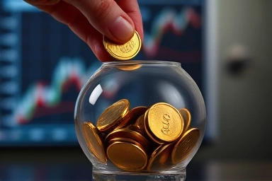 Hand placing coin into piggy bank, symbolizing financial growth.