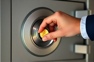Hand securing gold coin in a safe, representing asset protection.