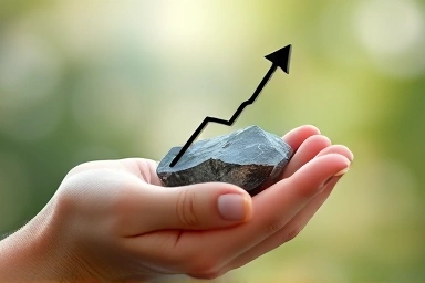 Hand holding a polished stone reflecting an upward financial trend