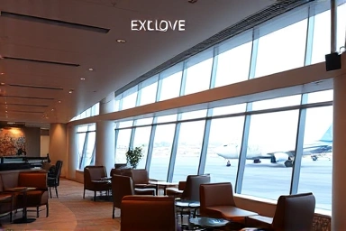 Modern airport lounge interior with airplane view