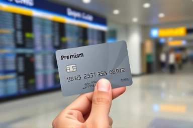 Hand holding credit card, symbolizing airport lounge access