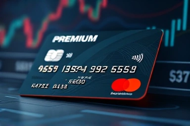 Premium credit card with glowing value and abstract financial background.