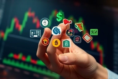 Hand selecting symbolic financial assets, investment concept