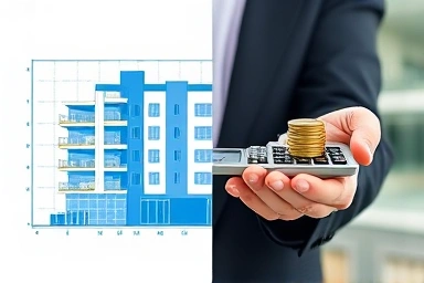 Real estate financial planning, apartment blueprint, calculator with coins