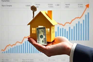Money flowing from house key to hand, symbolizing loan.
