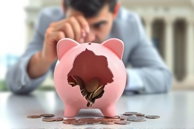 Broken piggy bank with coins spilling, symbolizing financial loss.